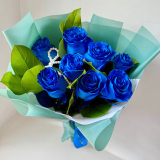 Bouquet of 8 fresh blue roses wrapped in mint green paper – Toronto florist same-day delivery