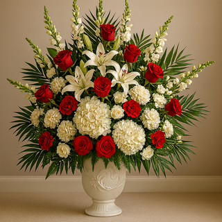 Elegant funeral arrangement with red roses, white lilies, and hydrangeas in a white urn. Handcrafted sympathy flowers by Yunza Florist Toronto. Same-Day Funeral Flower Delivery Toronto and GTA