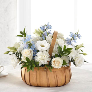 Blue and white sympathy flower basket with stock and cushion mums – Toronto delivery