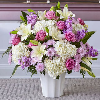 Fresh flower floor basket bouquet with traditional funeral flowers suitable for homes and funeral homes