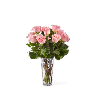 12 pink roses in a clear glass vase with greenery – elegant bouquet for birthdays, anniversaries, or love gifts in Toronto