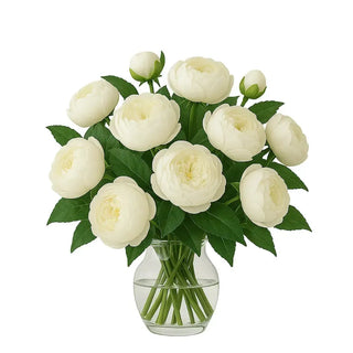 12 white peonies with a vase
