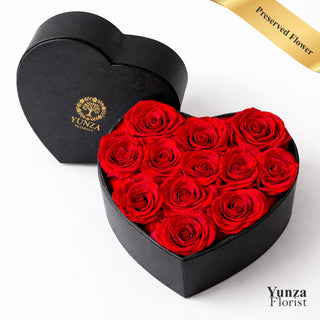 Luxury heart box with 12 preserved red roses that last for years. Perfect for Christmas and Valentine’s Day. Real roses with same-day delivery across Toronto & GTA.