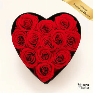 Luxury heart box with 12 preserved red roses that last for years. Perfect for Christmas and Valentine’s Day. Real roses with same-day delivery across Toronto & GTA.