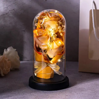 Scented Serenity: 7 Soap Roses with Lights in Glass Dome