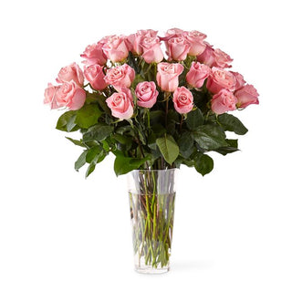36 long stem pink roses in a glass vase – luxury floral arrangement for weddings, anniversaries, or sympathy by Yunza Florist Toronto