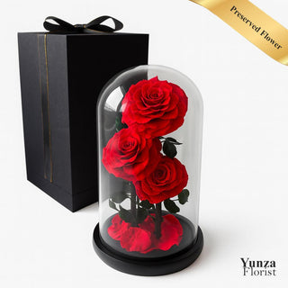 Yunza Florist preserved red roses in a glass dome on a black base, featuring three stacked red roses and a scattering of red petals at the bottom. A black gift box is included