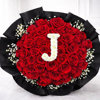 Custom initial flower bouquet featuring red roses