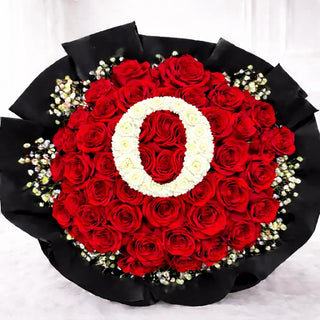 Personalized luxury flower arrangement with red roses and initial letter
