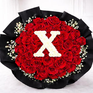 Luxury red rose flower gift with personalized white pompom initial