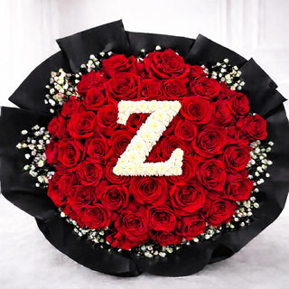 High-end red roses bouquet with pompom letter from a professional flower shop