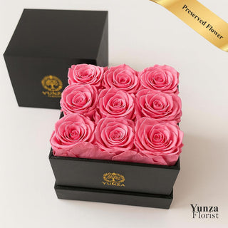 9 Pink Preserved Roses inside a Square Black Box. Perfect Gift for Birthdays | Yunza Florist Toronto