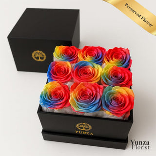 9 Preserved Rainbow Roses. Beautiful Roses for Birthday gifts. Shop Online at Yunza Florist Markham
