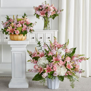 same-day delivery Funeral flower bundles in North York. Large Floor basket, and two bouquets 