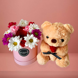 Pastel Flower Box with Teddy Bear – Romantic Gift Set for Her