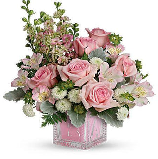 Sending flowers to celebrate Baby shower? This cute pink cube vase for "It's a Girl" will be a meaningful and thoughtful gift. available for same-day delivery to Brampton 