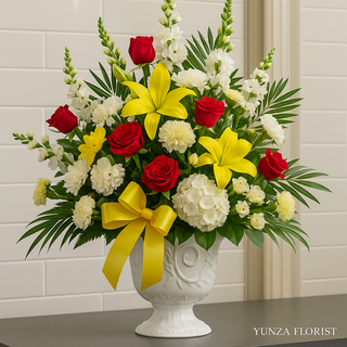 Sympathy funeral flower arrangement featuring red roses, yellow lilies, white chrysanthemums, and snapdragons beautifully arranged in an elegant white urn with greenery — designed by Yunza Florist Toronto.