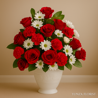 Graceful Red & White Sympathy Vase Arrangement . Flowers for Funerals. Same-day flower delivery Markham, Thornhill and the surrounding area