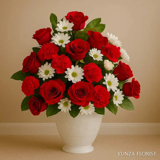 Graceful Red & White Sympathy Vase Arrangement . Flowers for Funerals. Same-day flower delivery Markham, Thornhill and the surrounding area