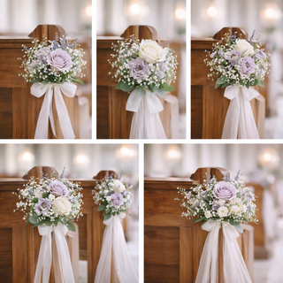 Elegant lavender and white wedding pew flowers with silk ribbon on wooden church aisle in Toronto wedding ceremony