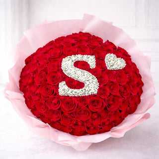 Red roses letter bouquet with baby’s breath heart detail