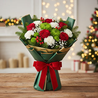 Luxury Mistletoe Magic Christmas bouquet with red roses and pine. Local Whitby flower delivery.