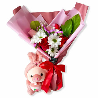 Love Bouquet with Plush Piglet - Unique Flower Gift