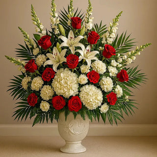 Elegant funeral arrangement with red roses, white lilies, and hydrangeas in a white urn. Handcrafted sympathy flowers by Yunza Florist Toronto. Same-Day Funeral Flower Delivery Toronto and GTA