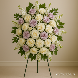 Peaceful Grace Standing Spray – White & Lavender Roses Tribute