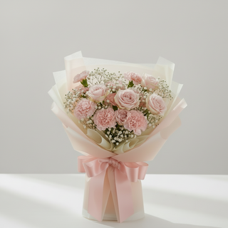 Close-up of a soft pink Korean style bouquet with light pink roses, pale pink carnations, and white baby's breath, wrapped in translucent pastel paper. Best Florist in Markham- Yunza Florist