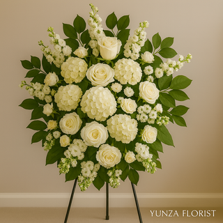 Elegant standing spray of white hydrangeas, roses, and poms — a pure, heartfelt tribute handcrafted by Yunza Florist. Same-day delivery in Toronto & GTA.