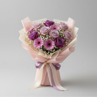 Purple floral bouquet featuring lavender roses, purple daisies, and baby’s breath wrapped in elegant Korean-style paper