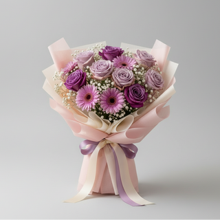 Purple floral bouquet featuring lavender roses, purple daisies, and baby’s breath wrapped in elegant Korean-style paper