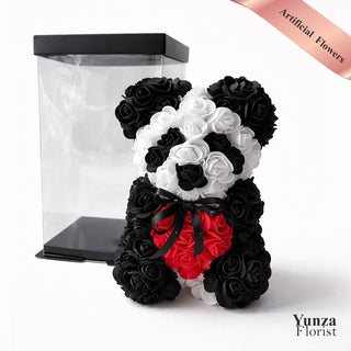 Black and white eternal rose teddy bear with red heart made from artificial flowers, luxury Valentine’s Day and Mother’s Day gift

