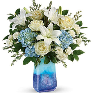 White Lilies and Blue Hydrangea Funeral Flowers Toronto