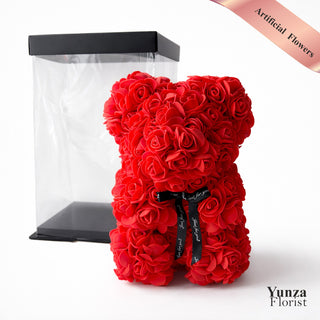 Eternal red rose teddy bear made with artificial flowers in a clear gift box, luxury Valentine’s Day and Mother’s Day gift
