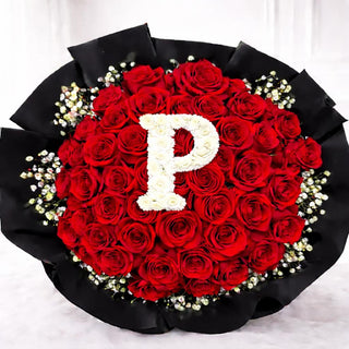 Red roses bouquet with custom floral letter for romantic occasions