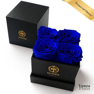 4 Preserved Blue Roses with Black Box. Yunza Florist Toronto