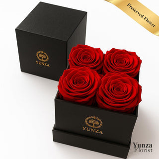 4 Preserved Red Roses inside a Black Square Box. Perfect Gift for Valentine's Day, Birthday, and Anniversary. Shop at Yunza Florist for Premium Eternal Flowers 