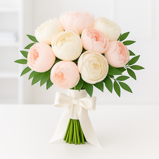 Elegant bridal bouquet made with blush pink and ivory peonies, accented with fresh greenery and tied with an ivory ribbon. Perfect peony wedding flowers for brides in Toronto.
