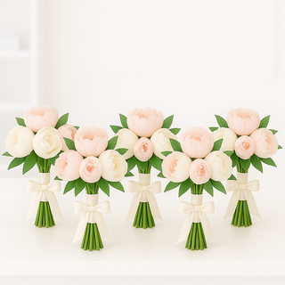 Set of elegant bridesmaid bouquets made with blush pink and white peonies, accented with greenery and ivory ribbon. Perfect peony wedding flowers for bridesmaids in Toronto.
