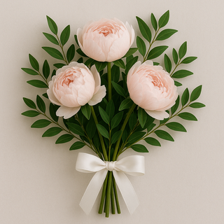 Bridesmaid hand-tied peony bouquet with blush pink peonies, myrtle greenery, and satin ribbon, wedding flowers arranged in Markham by Yunza Florist