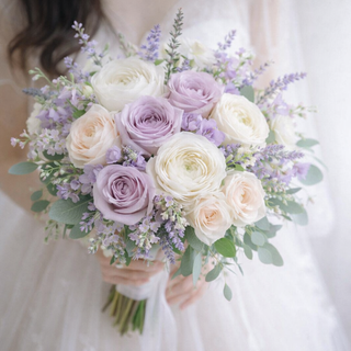 Lavender blush bridal bouquet with pastel roses and eucalyptus greenery for romantic wedding in Toronto

