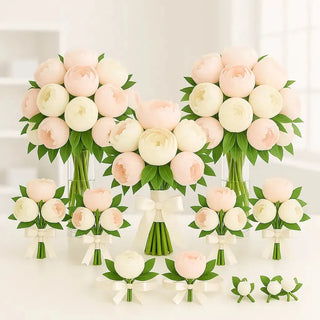 Complete wedding floral set with peony bridal bouquet, five bridesmaid bouquets, two reception arrangements, six boutonnieres, and two corsages. Elegant pink and white peonies with greenery and ivory ribbons, available in Toronto.