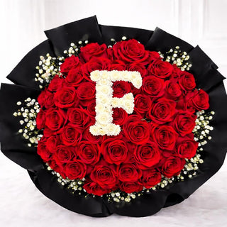 Handcrafted red rose bouquet with custom alphabet letter in flowers