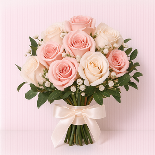 Handcrafted romantic rose bouquet tied with satin ribbon, ideal for weddings and anniversaries