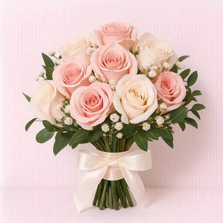 Handcrafted romantic rose bouquet tied with satin ribbon, ideal for weddings and anniversaries