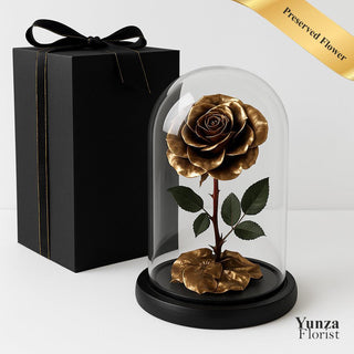 Single Preserved Gold Rose inside a glass dome. Includes a Luxury Black Box. Valentine's Day Preserved Flowers Toronto