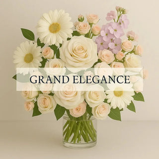 Grand Elegance bouquet with white daisies, ivory roses, pastel spray roses, and seasonal flowers in a clear vase – Yunza Florist Toronto
