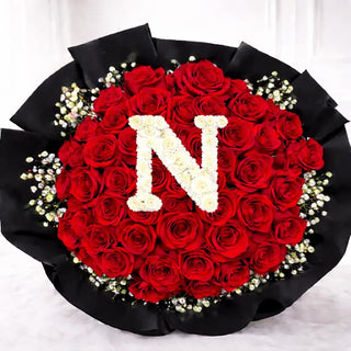 High-end red rose bouquet with custom alphabet letter